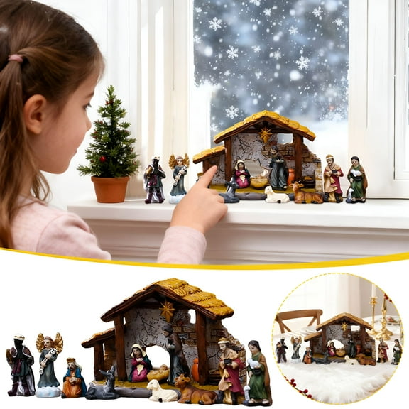 LAMIRO Nativity Scene Set Religious Christmas Manger Display with Resin Figures Traditional Holiday Decor for Home and Tabletop