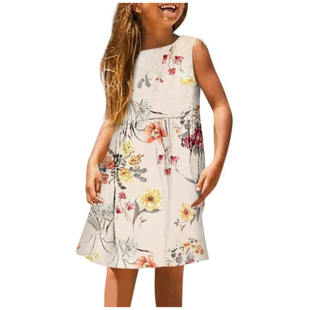 

Cute Dresses For School Kids Girls Fashion Cute Spring And Summer Printed Round Neck Sleeveless Casual Dress (4) Girl Dresses For Wedding Birthday Khaki 150