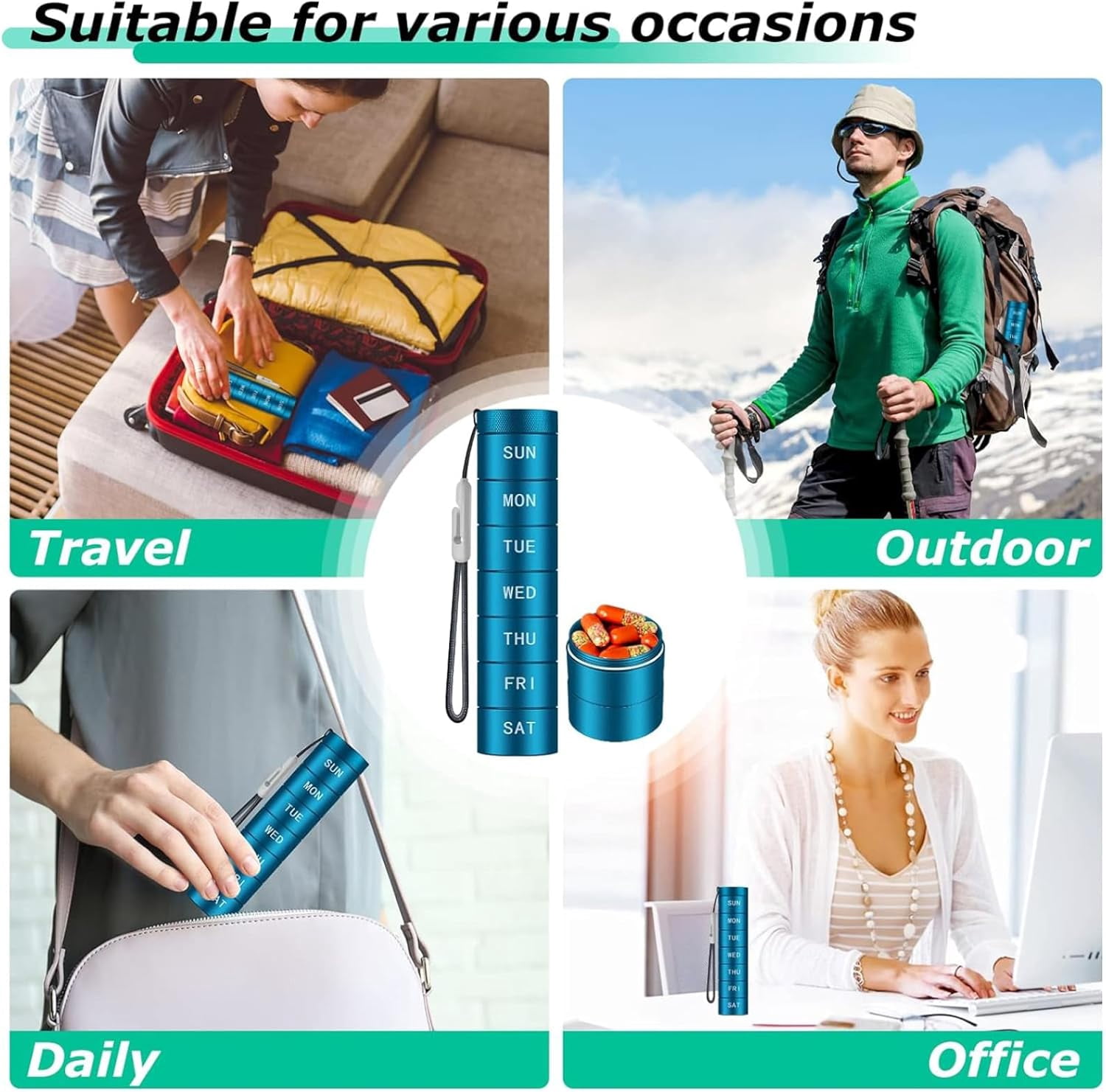 Weekly Pill Case with Removable Days, Sealed Pill Container Aluminum, Small Travel Stackable Pill Holder Nontoxic, Decorative Discreet Portable Pill Organizer 1 Time A Day