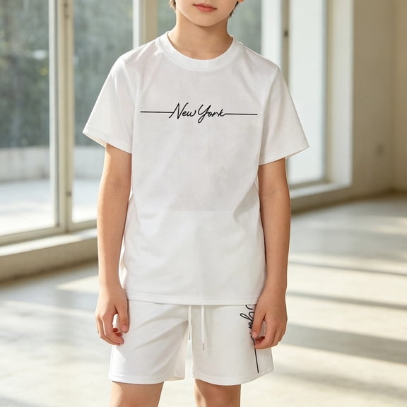 Toddler Boy Outfit Trendy Graphic Mesh Crew Short Sleeve Two Piece Kids Summer Lightweight Casual Sports Outfit Set