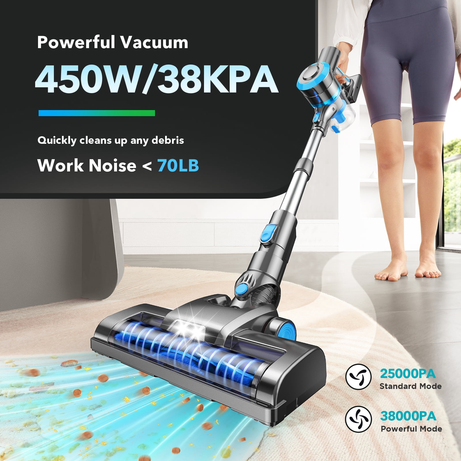 Cordless Vacuum Cleaner, 38000PA/450W 50min 2500mah for Home Pet Hair Carpet Wood Floor (Blue)