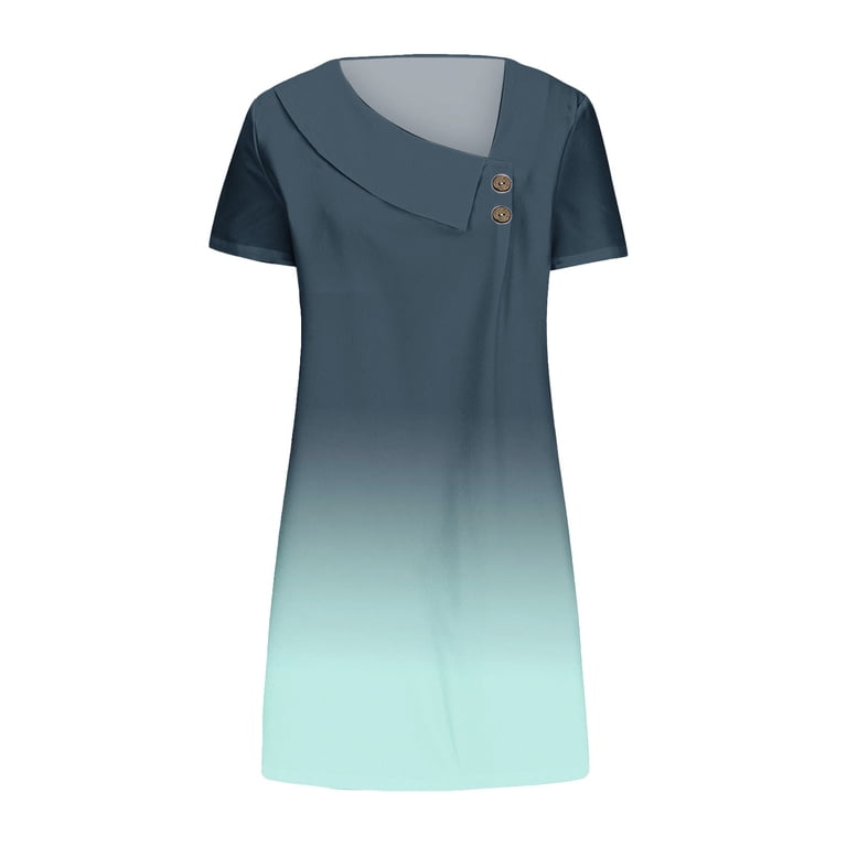 PULEN Pule Summer Short Sleeve Dress Summer V Neck Dresses for Women Casual Loose Fit Short Sleeve Asymmetric Neck Button Decor T Shirt Dress Work