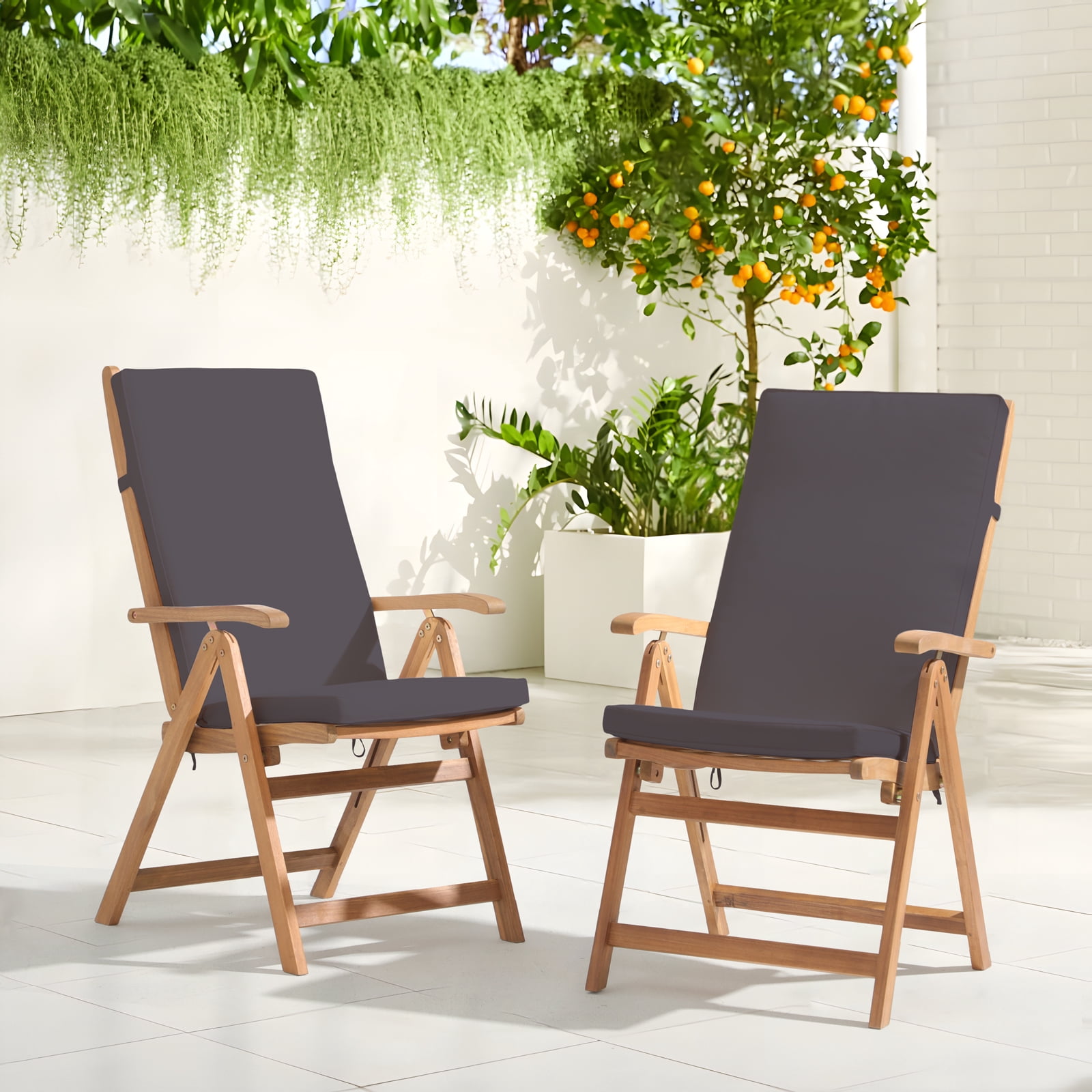 JOIVI Folding Patio Dining Chair Set of 2, Outdoor Acacia Wooden Reclining Chair w/Armrest & Removeable Cushion, FSC Certified Wood No Assembly, Gray Cushion