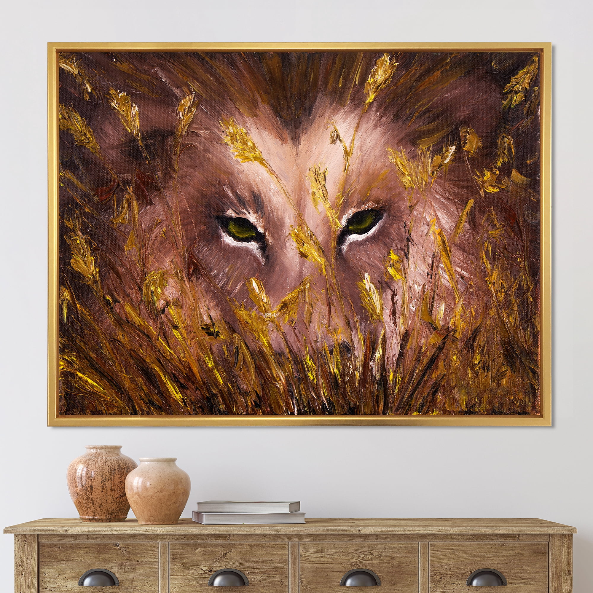 Close Up Of Wolf Eyes In The Grass 40 in x 30 in Framed Painting Canvas Art Print, by Designart