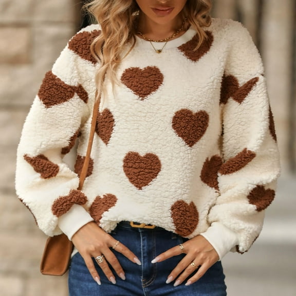 Women's Multi-Color Heart Print Fuzzy Sweater - Warm Winter Casual Wear