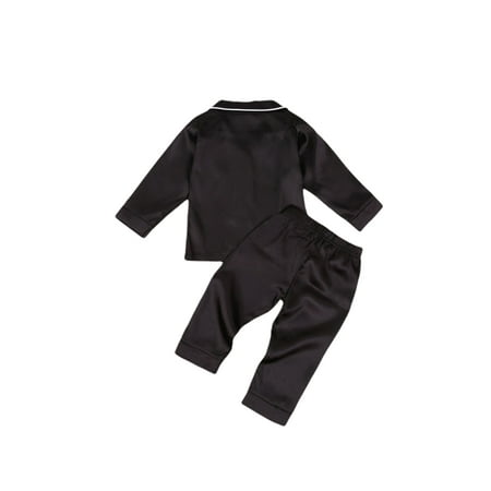 

wdehow Toddler Baby Black Satin Pajamas Infant Boy Short/Long Sleeve Short/Long Pants Sleepwear Casual Button Two-pieces Set