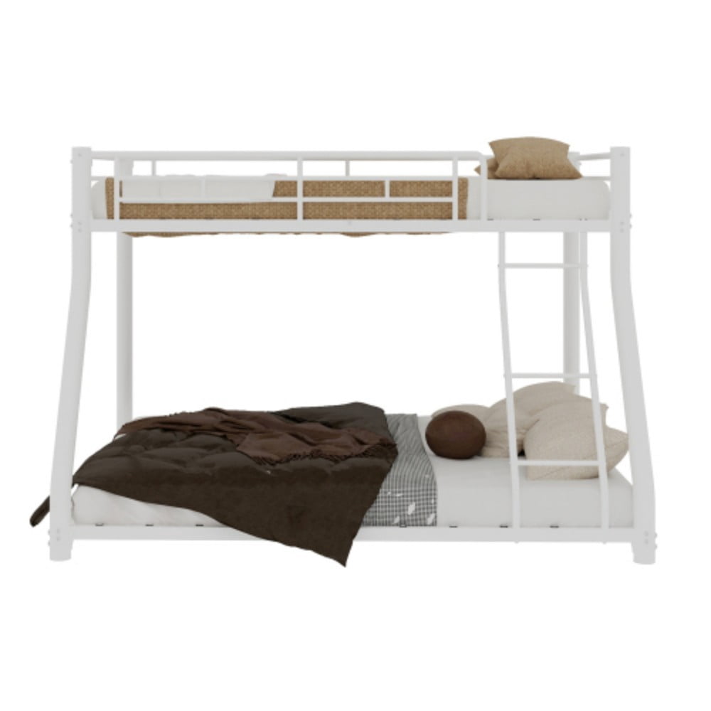 Twin Over Full Metal Bunk Bed, Heavy Duty Frame with Removable Ladder, Full-Length Guardrails, 12" Under-Bed Storage, No Box Spring, White