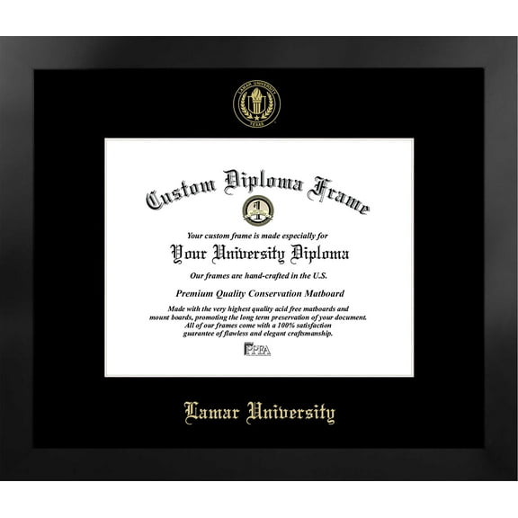 Lamar University 11w x 8.5h Manhattan Black Single Mat Gold Embossed Diploma Frame with Bonus Campus Images Lithograph (value savings at $59)