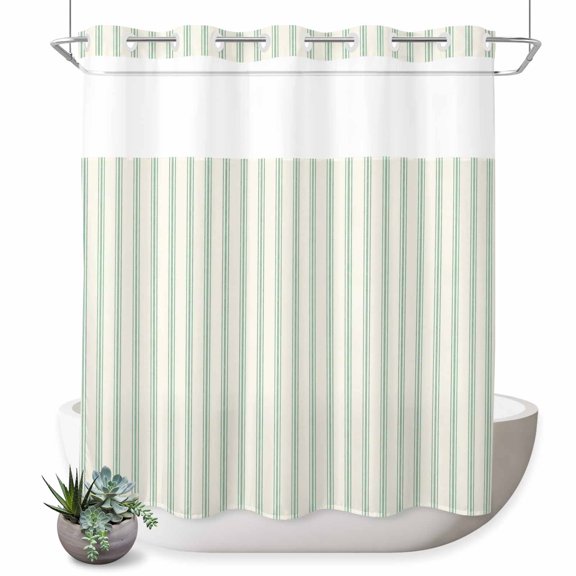 No Hook Shower Curtain, Green Striped Shower Curtains for Bathroom with See Through Top Window, Modern Boho Vertical Stripes Waterproof & Washable Bath Curtain Standard 72"x72"