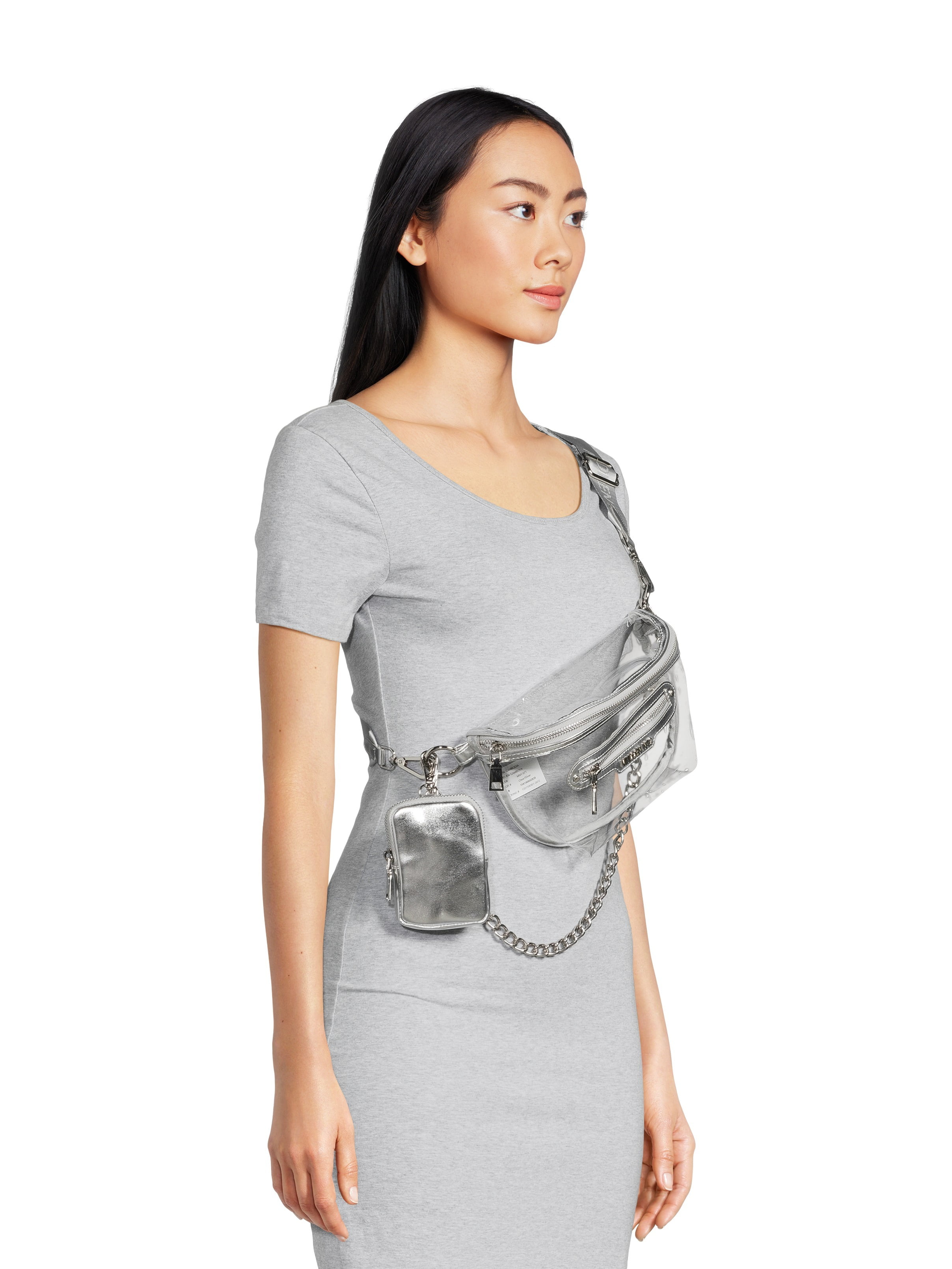 Madden NYC Women’s Clear Convertible Fanny Pack with Rhinestone Pouch, Metallic Silver-Tone