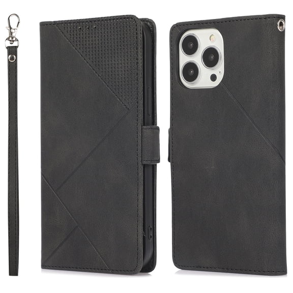 Skin-Friendly Wallet Case for iPhone 14 Pro Max, Premium PU Leather Shockproof Card Slots Cash Holder Flip Cover with Kickstand Folio Magnetic Clasp Wrist Hand Strap Handbag Case,Black