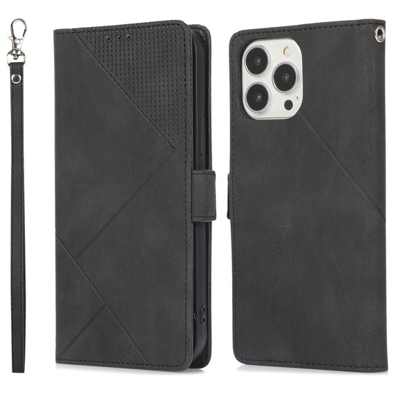 Skin-Friendly Wallet Case for iPhone 14 Pro Max, Premium PU Leather Shockproof Card Slots Cash Holder Flip Cover with Kickstand Folio Magnetic Clasp Wrist Hand Strap Handbag Case,Black