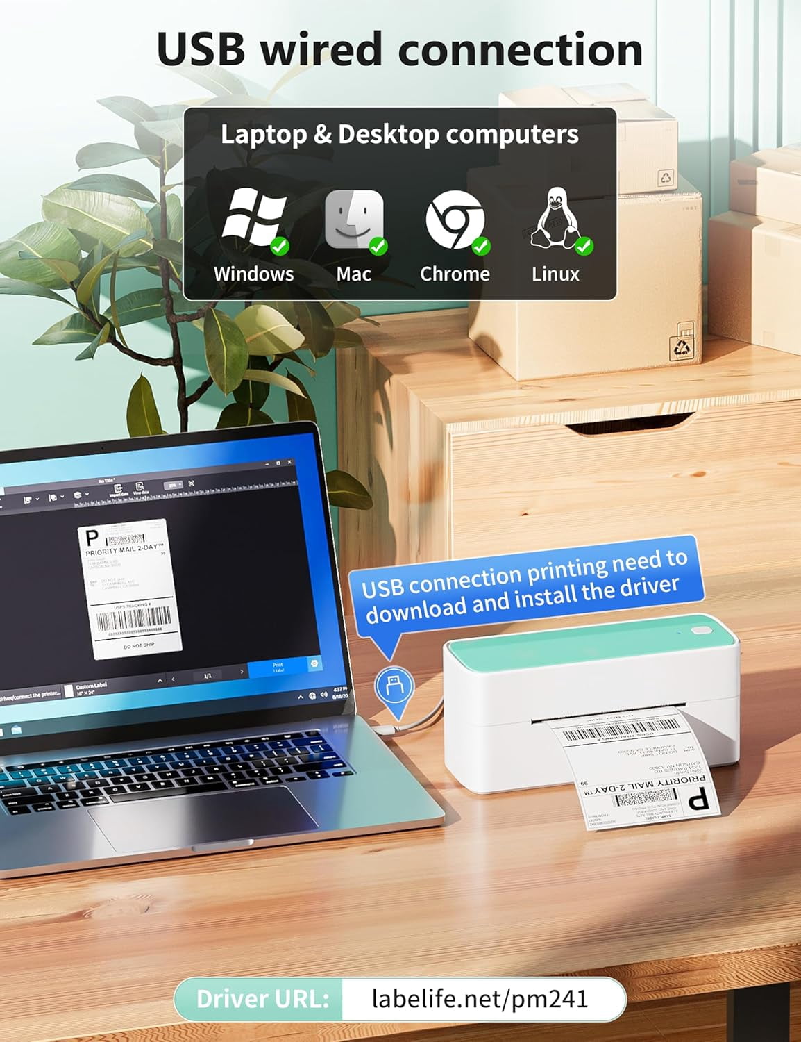 Bluetooth Thermal Shipping Label Printer, 241BT Wireless Thermal Label Printer for Shipping Packages, Inkless Thermal Shipping Label Printer, Compatible with iPhone, Android, Green