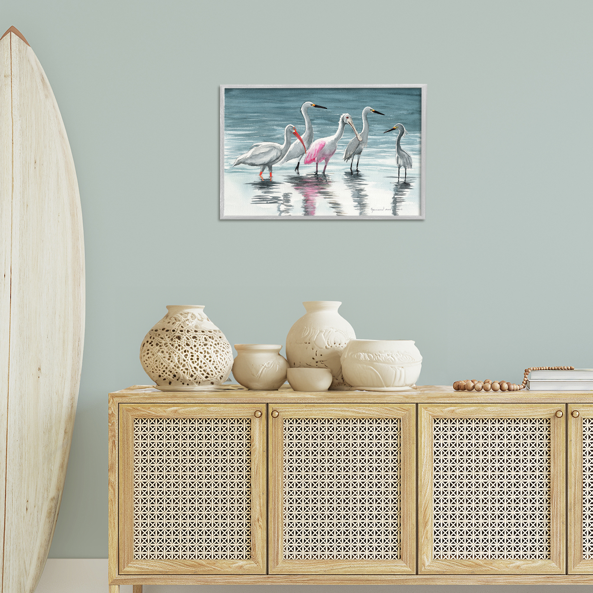 Stupell Industries Herons Stepping in Shore Animals & Insects Painting Gray Framed Art Print Wall Art, 24 x 16