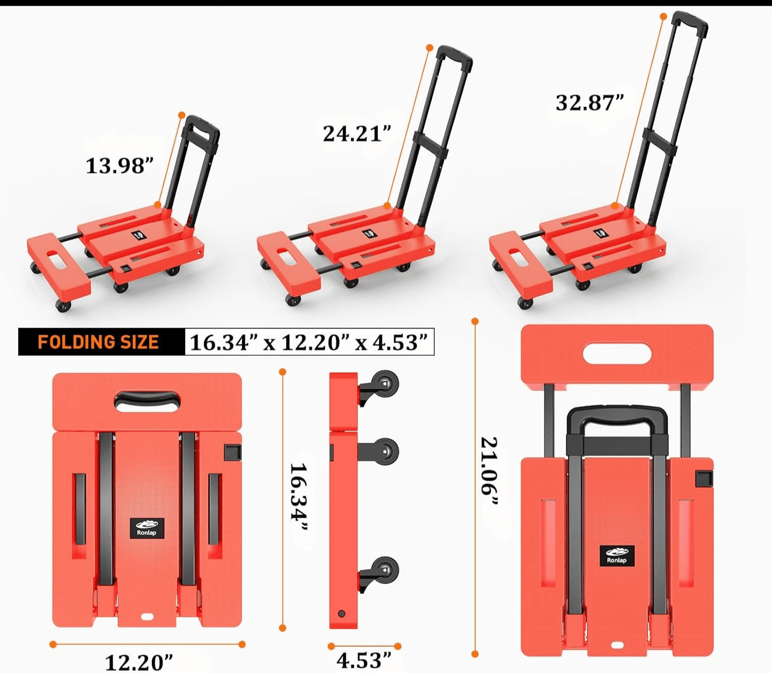 Foldable Dolly, Heavy Duty Dolly Cart, Folding Hand Truck with 6 Wheels & 2 Bungee Hooks, 500 LB Dolly Cart Capacity Portable Luggage Cart for Moving, Traveling and Shopping, Orange, 6 Wheels