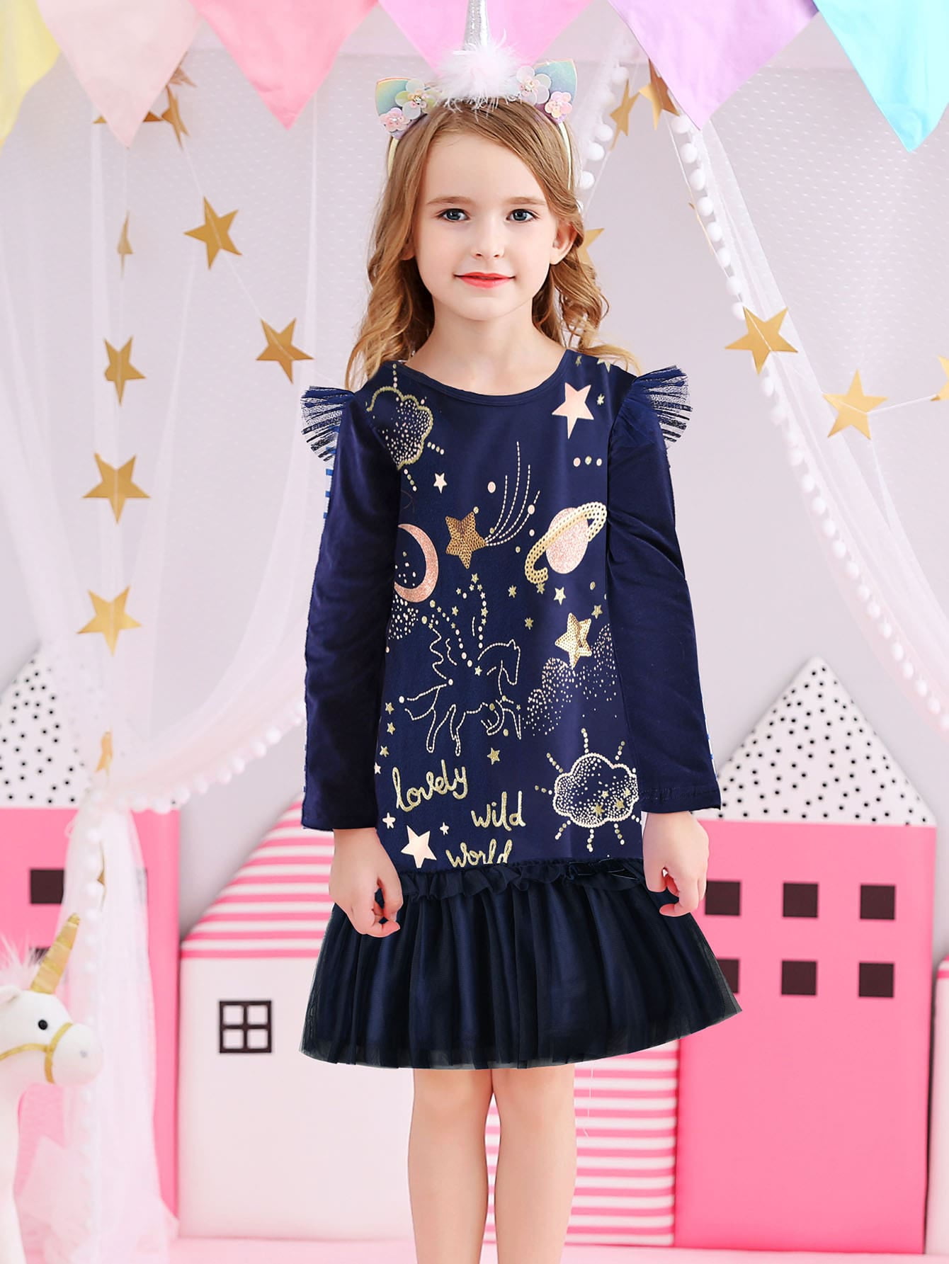 Navy Blue Cute Girls Unicorn Slogan 