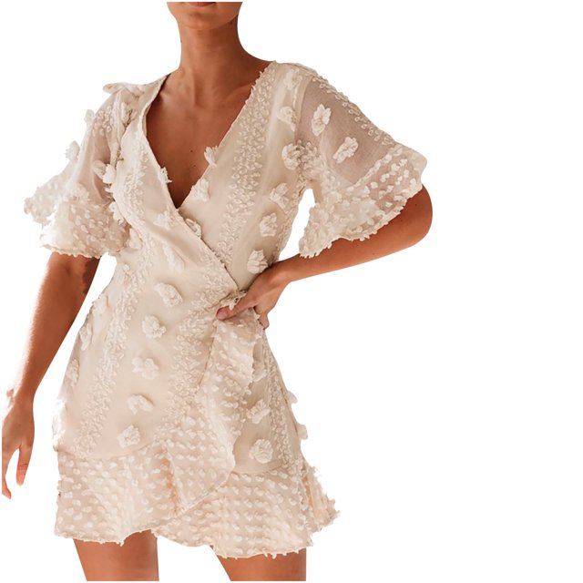 Vestido de tirantes de eslabones de cadena de color sólido de manga corta con cuello en V de moda de verano para mujer Fridja yut3648