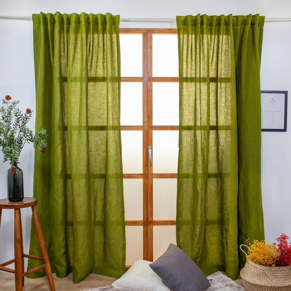 New Era Creation Green Extra Wide Cotton Linen Curtains for living room, Grommet, Rod pocket, Rod pocket with Header, Tie Top,Linen Drapery Panels bedroom Gift