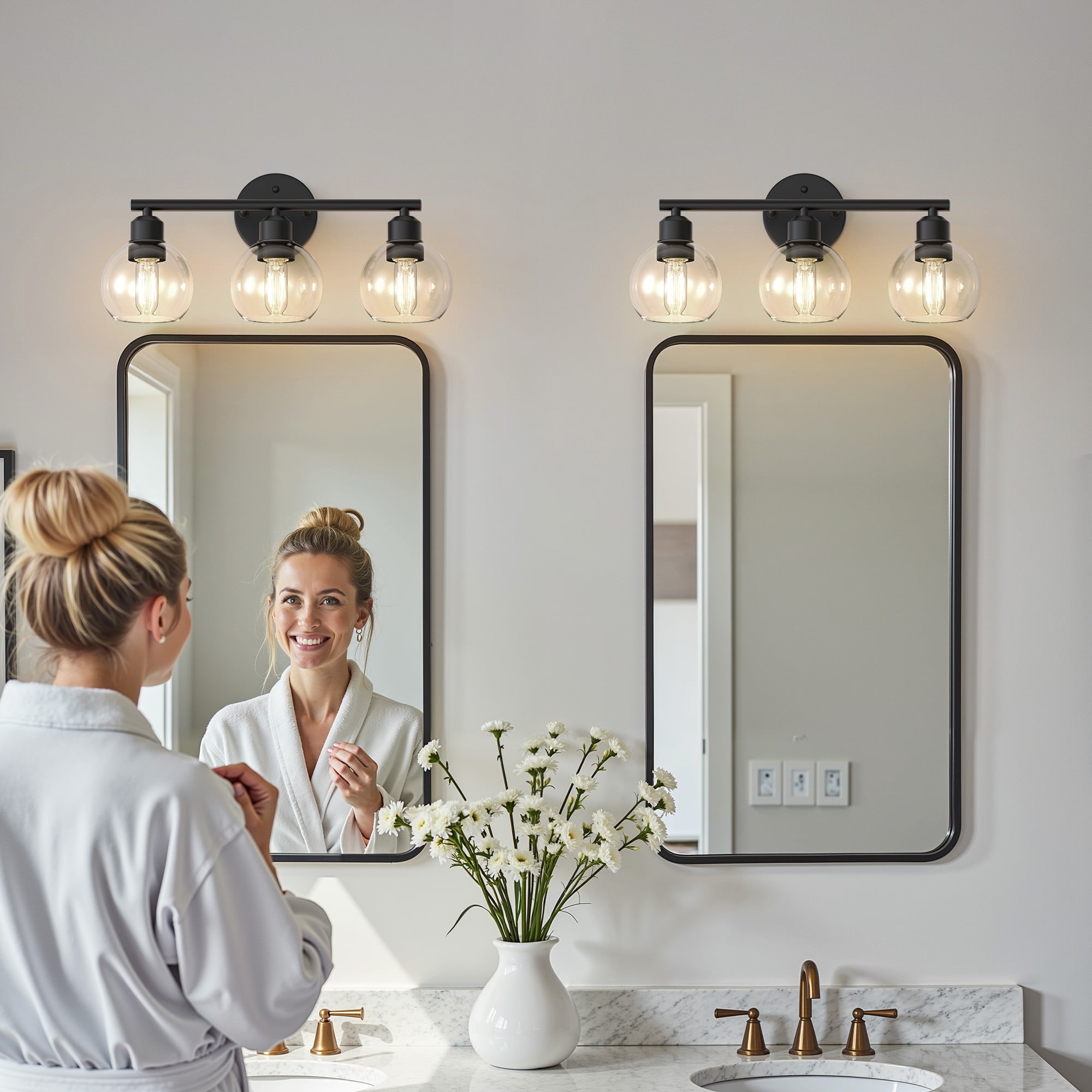 YANSUN 17.7 in 3-Light Bathroom Vanity Light Fixtures Over Mirror, Black Bathroom Light Fixtures with Clear Globe Glass Shades, for Bathroom, Powder Room, Vanity Table