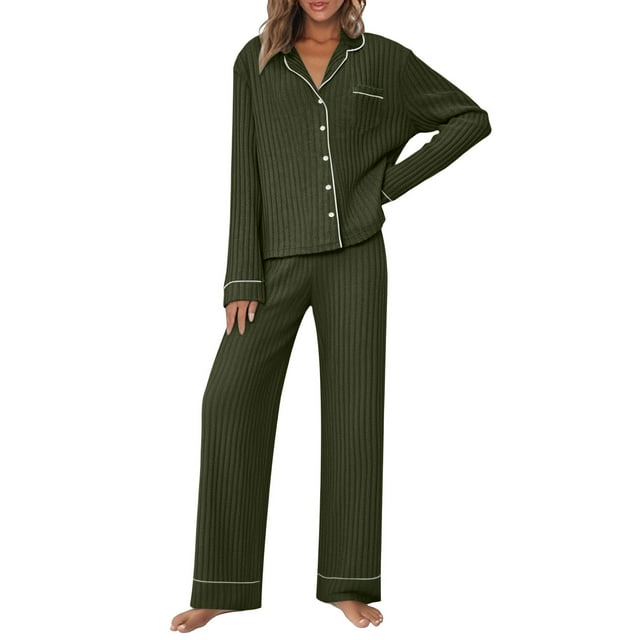 HAiming Women Pajama Sets 2 Piece Sleepwear Ribbed Long Sleeve Button down Lapel Shirts and Pants Pjs Outfit