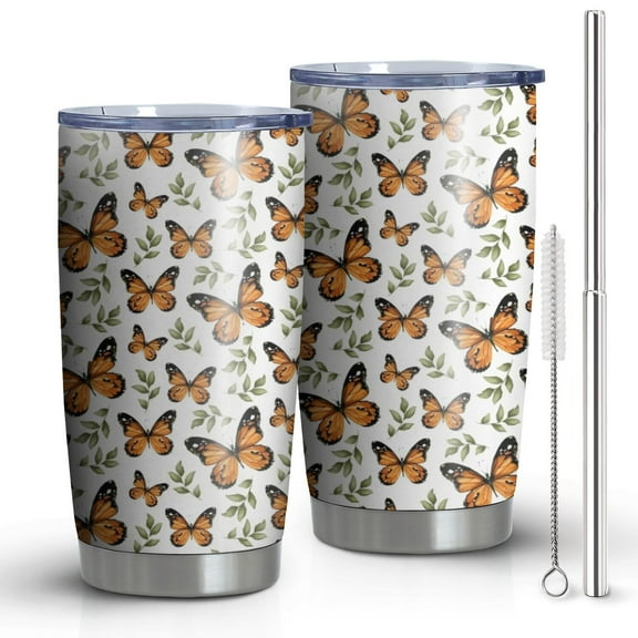 20oz Tumblers White Orange Butterfly Leaf Pattern Stainless Steel Vacuum Insulated Double Wall Travel Tumbler Cups Mug with Lid and Straw,Cleaning Brush for Cold & Hot Drinks