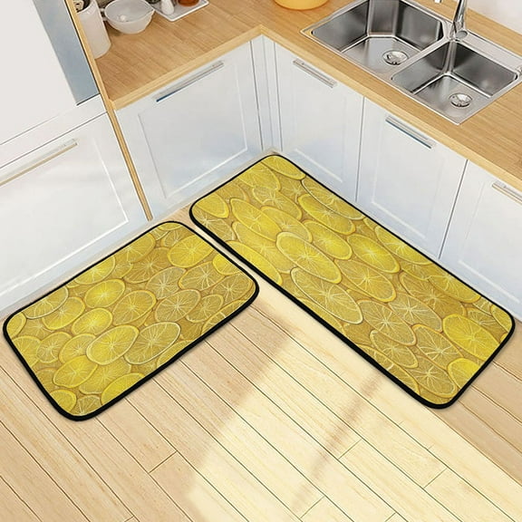 Kitchen Rug Set 2 Pieces Non Slip Kitchen Mat for Kitchen Home Floor Sink 47"x19" 27"x19" Yellow Lemon Slices