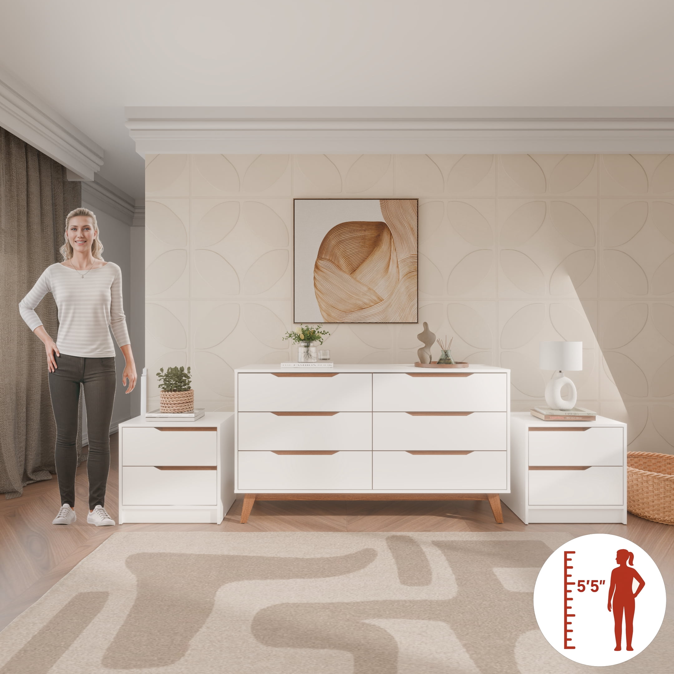 Kappesberg Bedroom Furniture Set with 6-Drawer Dresser and 2 Nightstands White – Modern Storage Combo