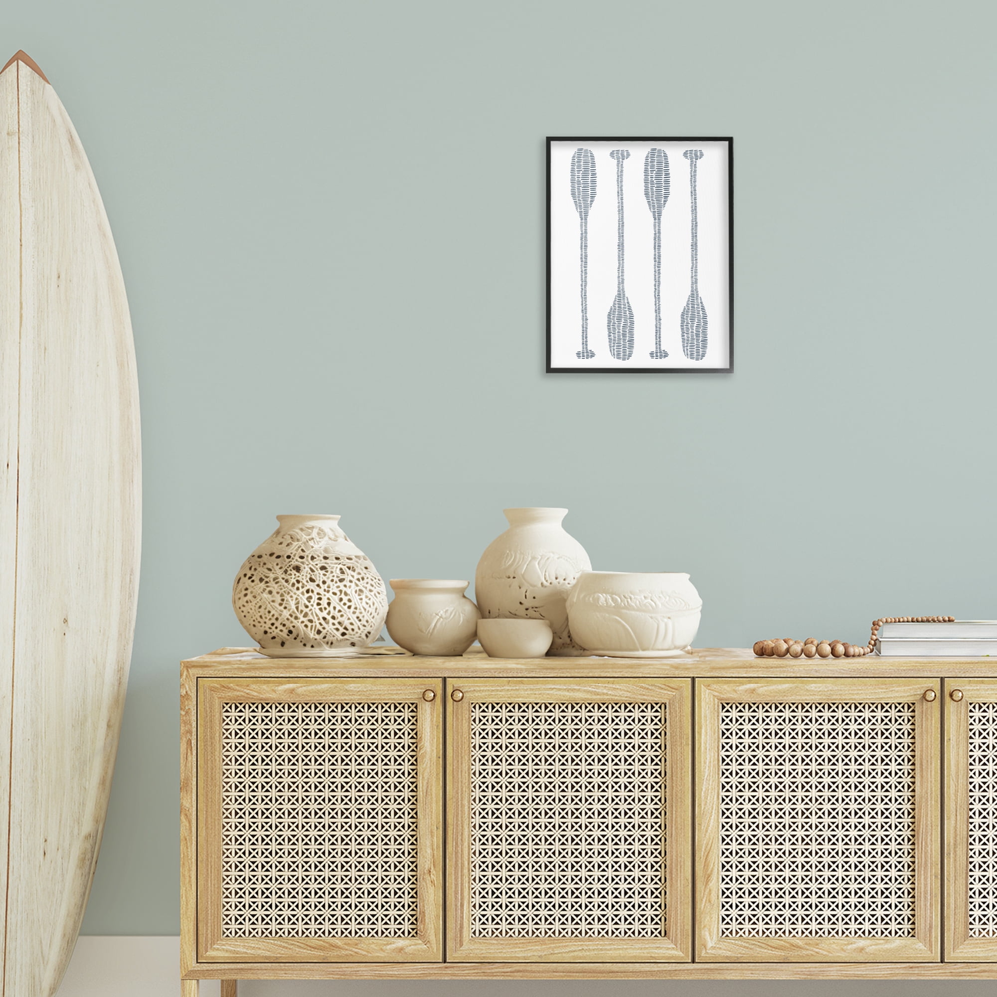 Stupell Industries Minimal Boat Oars Coastal Painting Black Framed Art Print Wall Art, 16 x 20