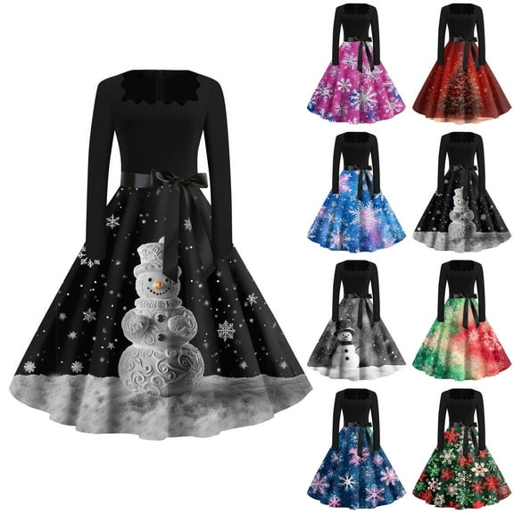 Christmas Dresses for Women Women's Fashion Round Neck Casual Slim Christmas Printed Long Sleeve Dresses with Square Collar for Christmas Party,Army Green,L