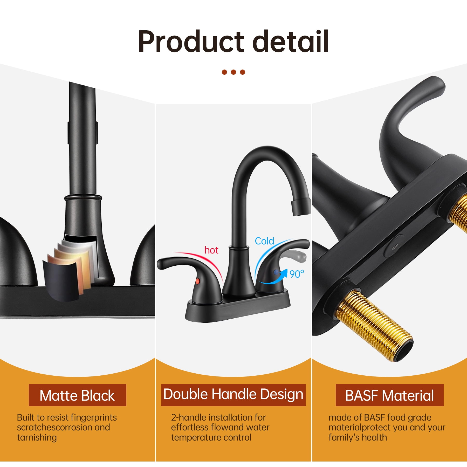 Kede 4 Inch Faucet 2 Handle Bathroom Sink Faucet Lead-Free Matte Black Bath Sink Faucet with Pop-up Drain Stopper and Supply Hoses