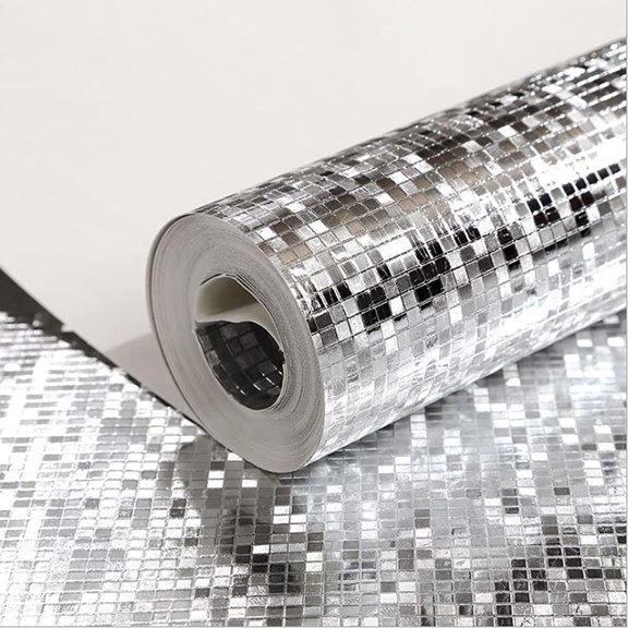Q QIHANG 1.73' W x 32.8'L Small Gold Foil Lattice Mosaic Reflective Modern Style KTV Bar Wall Paper PVC Non-Pasted Wallpaper (Silver)