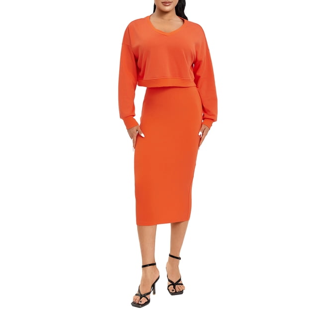 Mialoley Tenue d'Automne 2 Pcs pour Femmes, Robe Moulante Sans Manches à Col en V avec Sweat à Manches Longues Tenue d'Automne