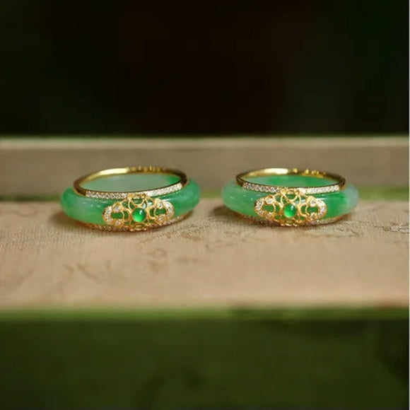 HOOUN 1PC Jade Rings for Women Green Carved Jewelry Stone 925 Silver Natural-10