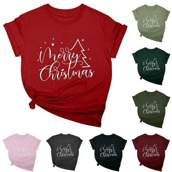 Jinhomg Christmas Tee Shirts for Women Funny Cute Letter Print Xmas T-Shirt Lightweight Comfy Short Sleeve Crew Neck Holiday Tops Daily Wear Army Green XXL