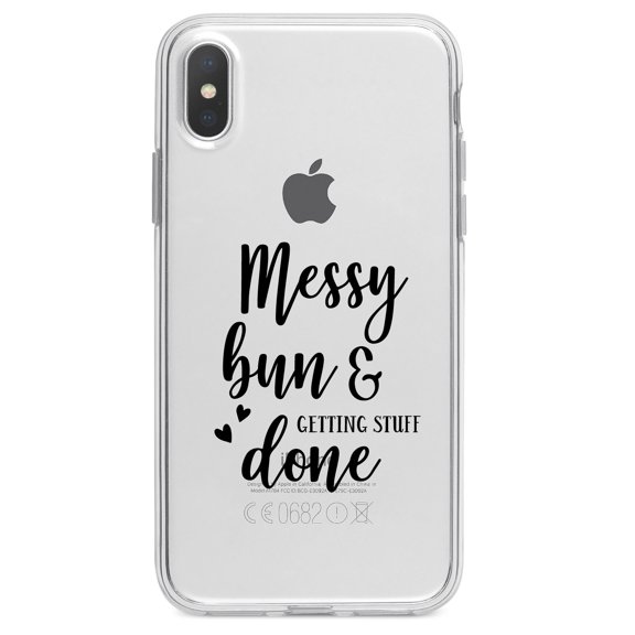 DistinctInk Clear Shockproof Hybrid Case for iPhone X / XS (5.8" Screen) - TPU Bumper Acrylic Back Tempered Glass Screen Protector - Messy Bun & Getting Stuff Done