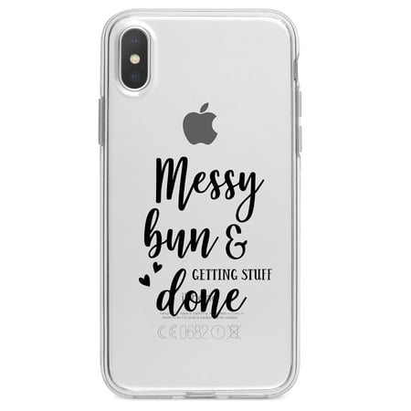 DistinctInk Clear Shockproof Hybrid Case for iPhone X / XS (5.8 Screen) - TPU Bumper Acrylic Back Tempered Glass Screen Protector - Messy Bun & Getting Stuff Done