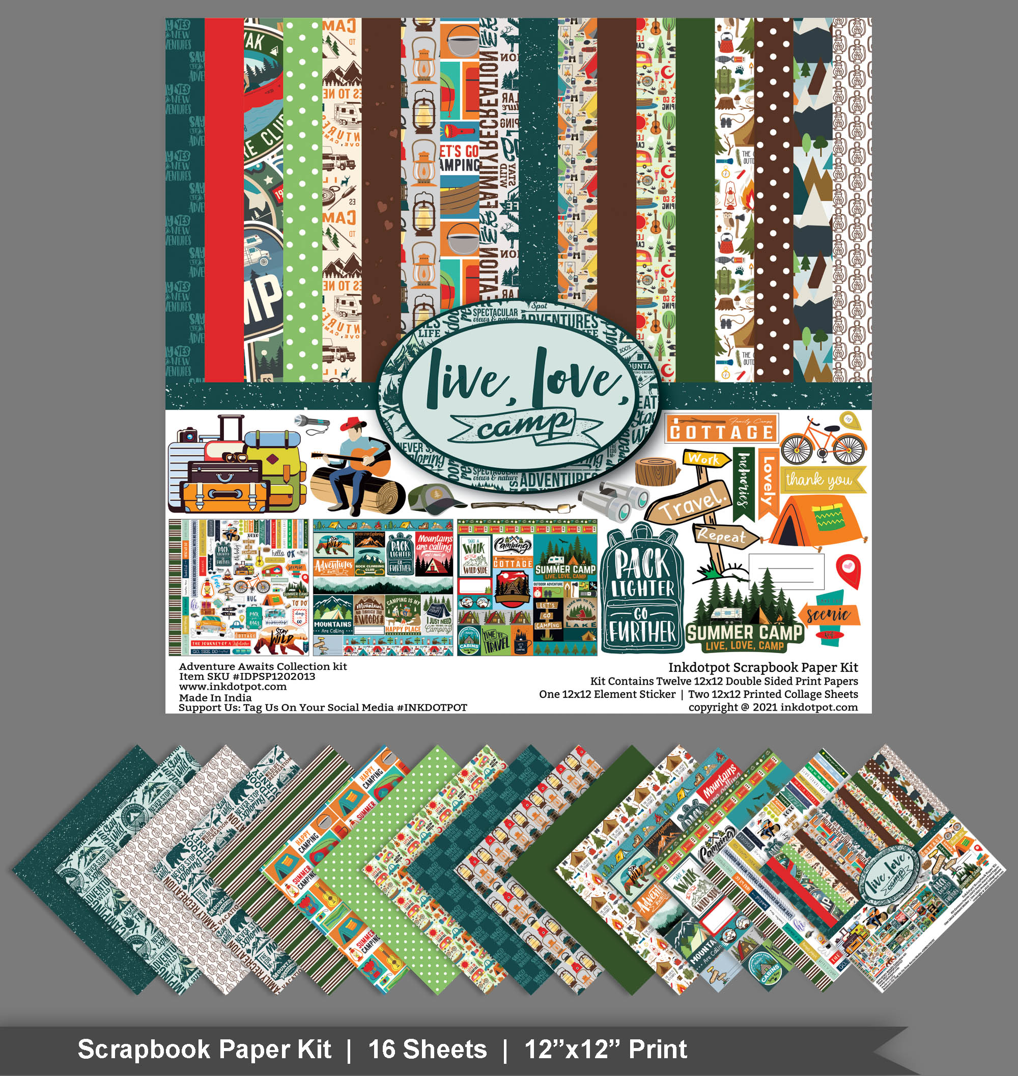 Inkdotpot Camping Theme Collection Double-Sided Scrapbook Paper Kit Cardstock 12"x12" Card Making Paper Pack With Sticker Sheet - 16 Pages - Green Brown Red
