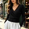 thumbnail image 5 of Gealkoca Womens Long Sleeve V Neck Cropped Wrap Sweaters Comfortable Business Casual Work Sweater Solid Color Waist Cinched Top, 5 of 9