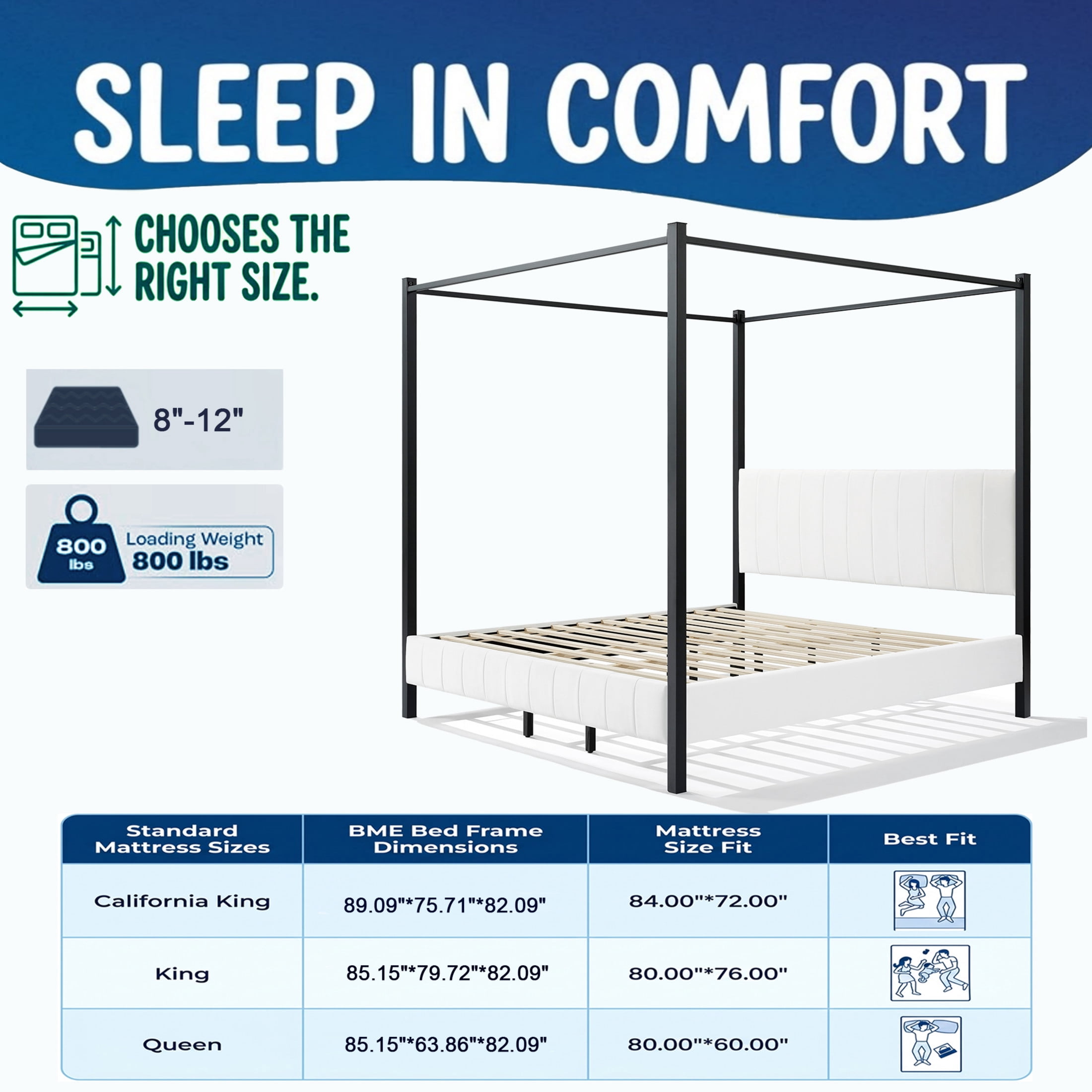 Christopher Knight Home Queen Canopy Bed, Metal Frame with Upholstered Headboard & Footboard, White+Black