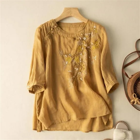 Women's Chiffon Shirt Half Sleeve Shirts For Women Summer Crewneck Trendy Blouse Loose Fit 2025 Embroidered Tops Boho Cotton Linen Tunics,Yellow Women's Chiffon Shirt M