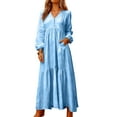 thumbnail image 2 of Women's Maxi Dress Long Sleeve V-Neck Loose Fit Button Down Cotton Linen Retro Swing Dress for Spring Fall Casual Daily Wear,Light Blue,2XL, 2 of 7