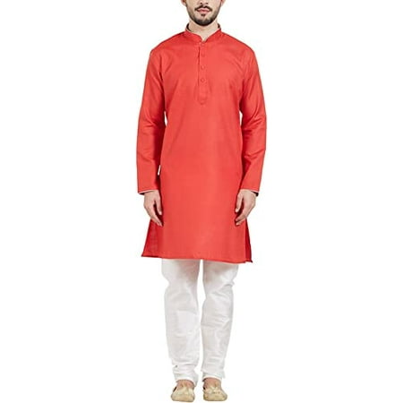 

Royal Kurta Mens Cotton Linen Kurta And Churidar Pyjama With Neck Detailing (38 Red)