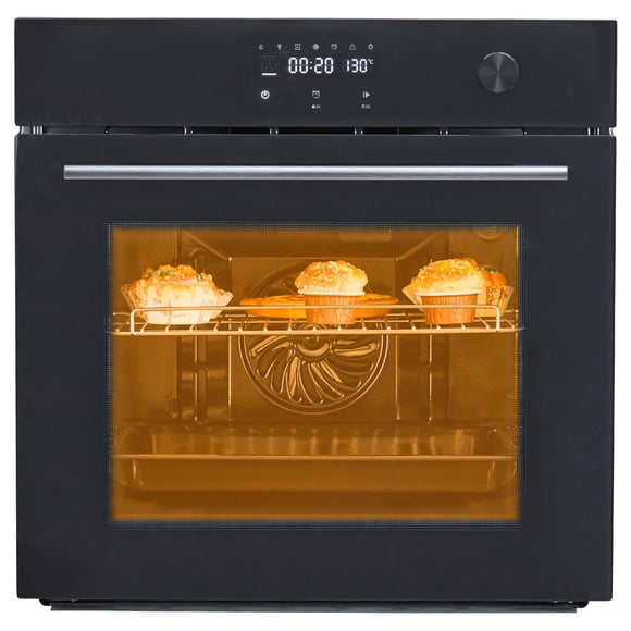 Ourlova 24 Inch Single Wall Oven 2.5Cu.Ft Electric Built In Oven with 8 Baking Modes Touch and Mechanical Knobs Control 3000W Black Wall Mount Oven for Kitchen