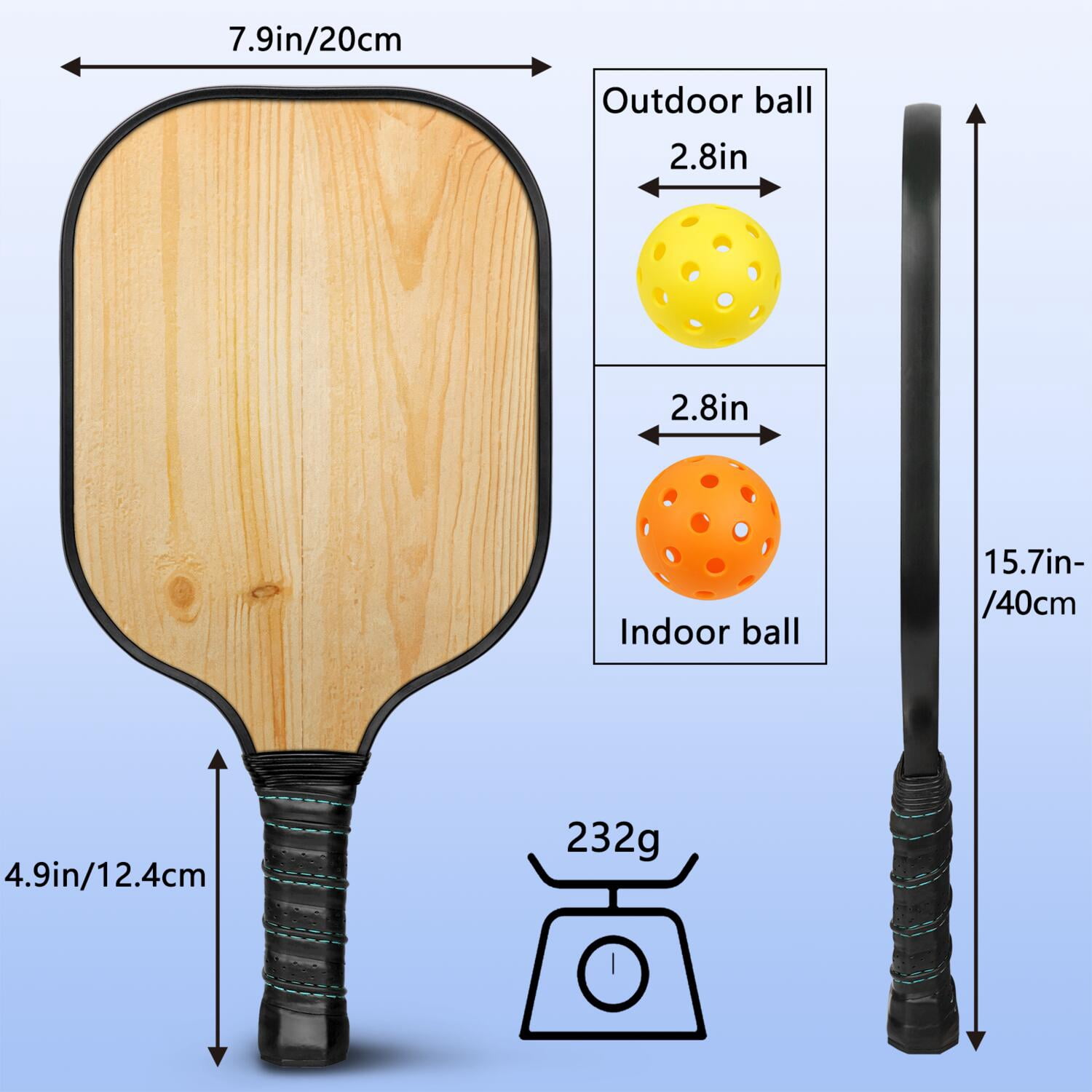 Pickleball Paddles Set Of 2, Fiberglass Surface, Wood Grain Print, 4 Balls & Bag