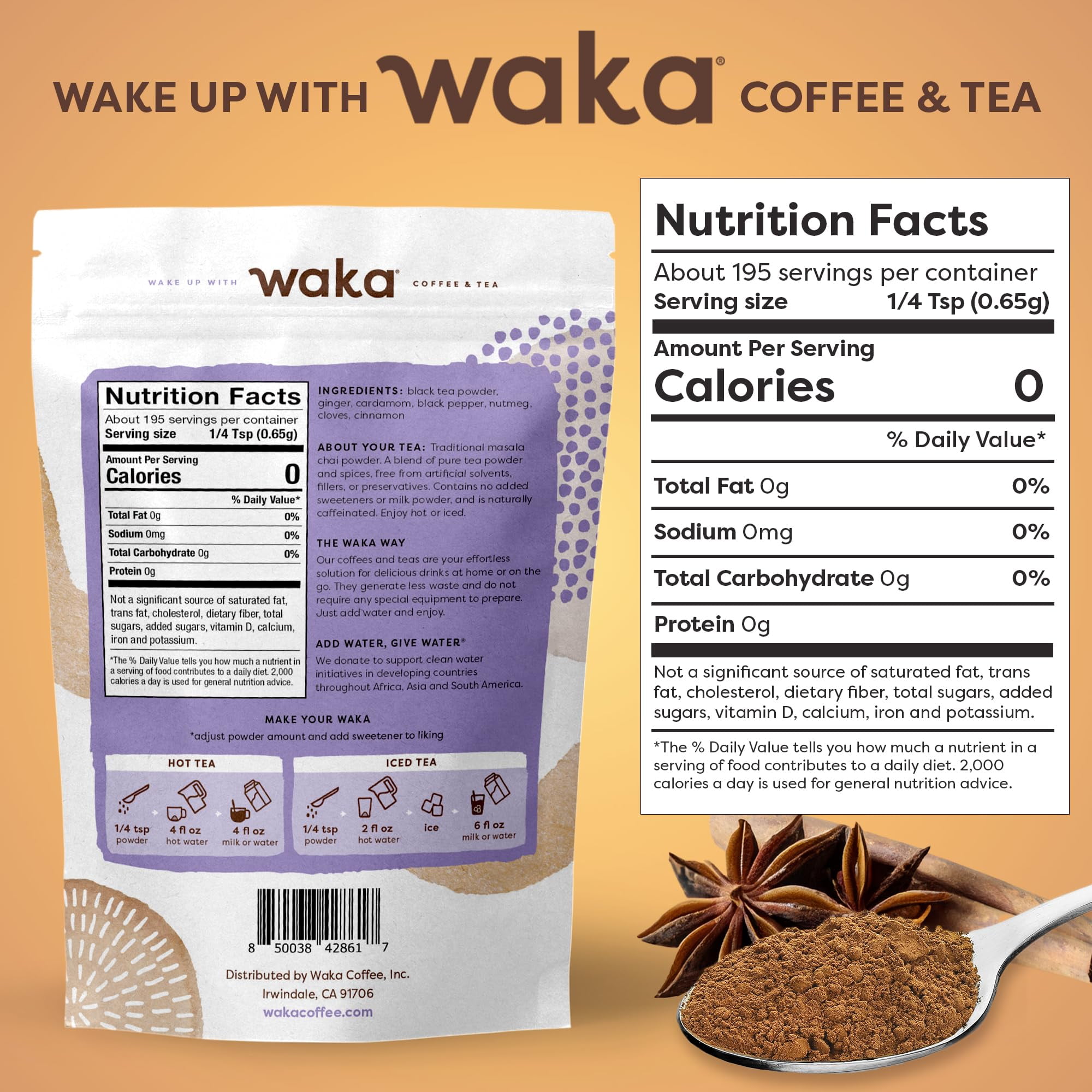 Waka Instant Chai Tea Powder, Sugar Free Masala Chai, 4.5 oz - Premium Instant Chai Tea, Enjoy Tea at Home, Traditional Spice Chai Tea Flavor, Highly Concentrated Formula, Real Spices, Not Syrup