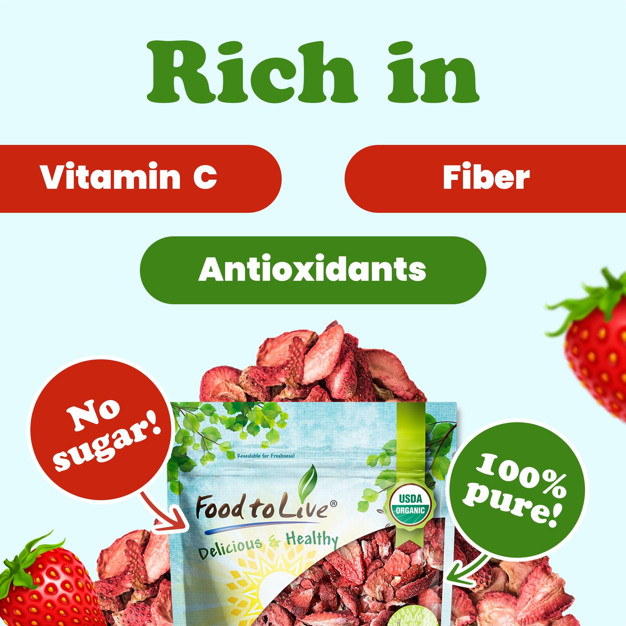 Organic Freeze-Dried Strawberries, 8 Ounces - Non-GMO, Kosher, Bulk - by Food to Live