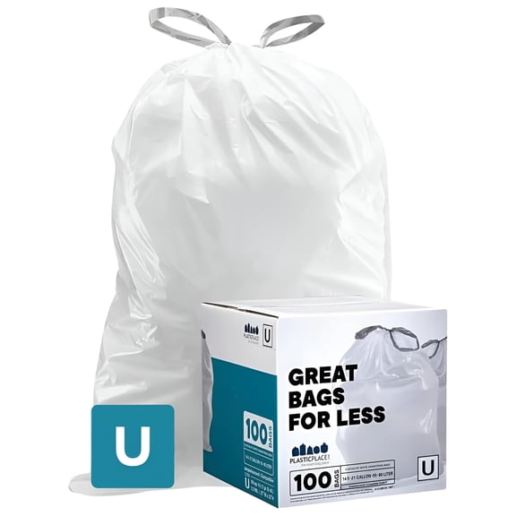 Plasticplace Custom Fit Trash Bags, Compatible with simplehuman Code U (100 Count) White Drawstring Garbage Liners 14.5-21 Gallon/ 55-80 Liter 26.5" x 32"