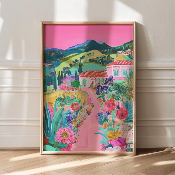 Kna Prints - Flower Garden Painting, Grandmillennial Decor Colorful Landscape Wall Art, Maximalist Decor, Trendy Apartment Decor, Dopamine Decor Fine Art, UNFRAMED-8x12