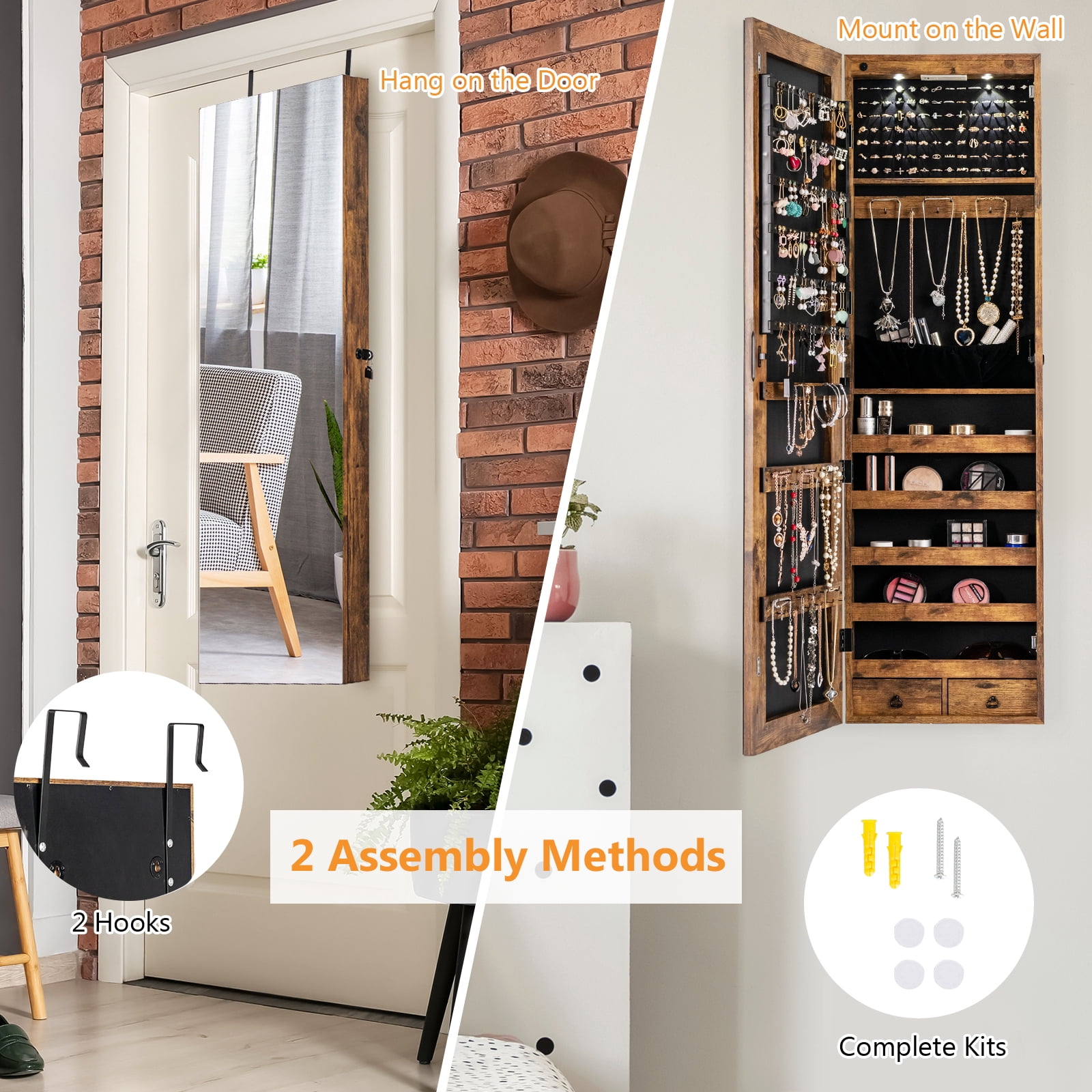 Patiojoy Lockable Wall Door Mounted Storage Organizer Mirrored Jewelry Cabinet w/ Lights Rustic Brown