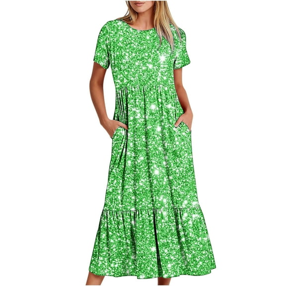 Ahuyic Womens Summer Dresses,Womens Casual Sundress,Women's Summer Casual Short Sleeve Crewneck Dress Casual Flowy Tiered Maxi Beach Dress With Pockets Shiny Print Dress